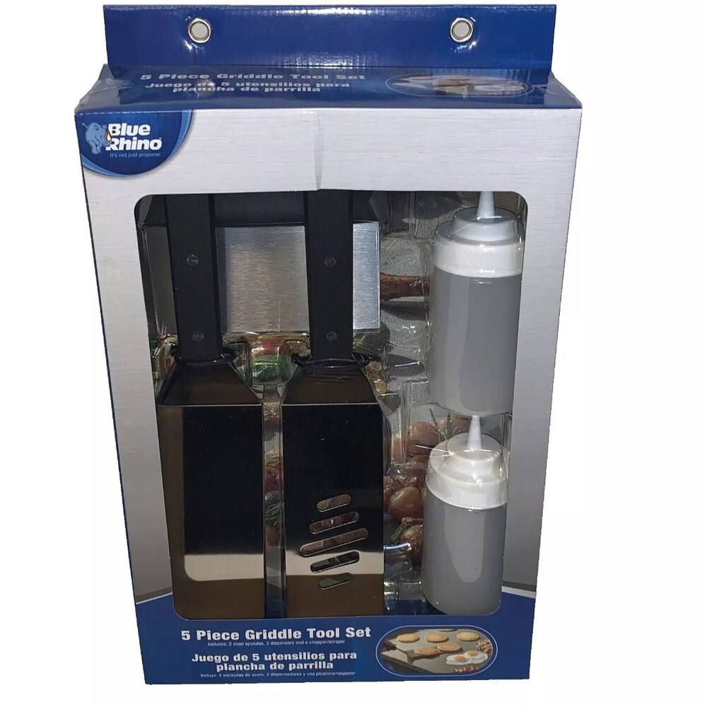 5 Piece Outdoor Griddle Tool Set w/ 2 Spatulas & Scraper Blue Rhino Razor NIB